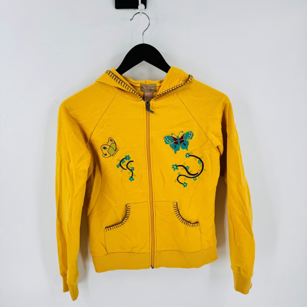 Y2K Twenty One Hoodie Yellow Small Butterfly Embroidery Zip Up Whimsical Indie